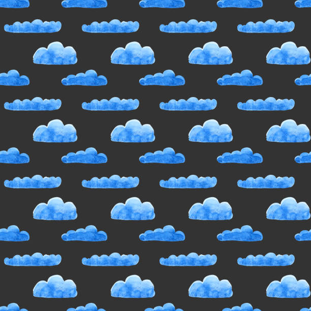 istock Hand-drawn blue watercolor cloud seamless pattern on black background. Endless print of sky with clouds. Wallpaper. 1215097231