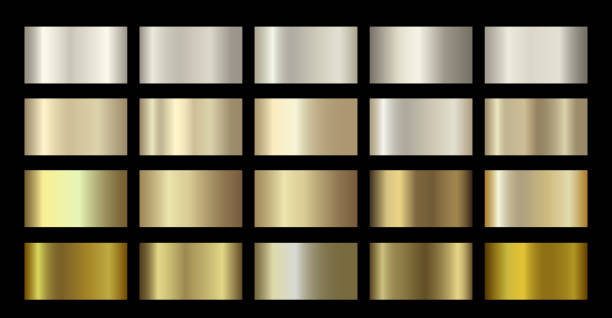 Gold Metallic, bronze, silver, chrome, copper metal foil texture gradient template. Golden swatch set. Metallic gold gradient illustration gradation for backgrounds, banner, web, flyers, digital apps Gold Metallic, bronze, silver, chrome, copper metal foil texture gradient template. Golden swatch set. Metallic gold gradient illustration gradation for backgrounds, banner, web, flyers, digital apps gradation stock illustrations