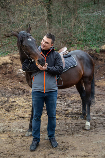 istock Young man stroking horses at the farm 1215098319