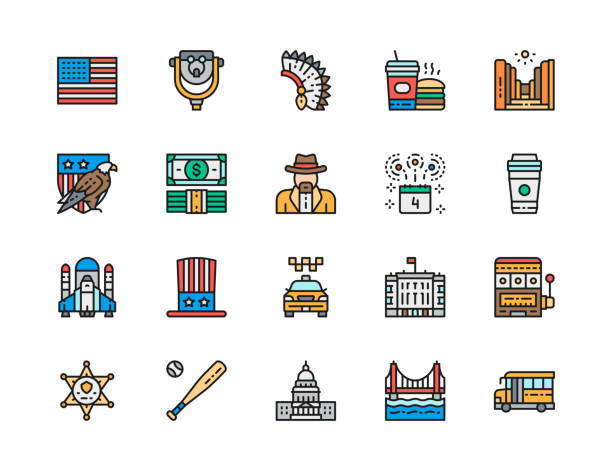 illustrations, cliparts, dessins animés et icônes de ensemble d’american culture flat color line icons. bald eagle, cowboys, school bus, fast food et plus encore. - european union currency paper currency currency vector