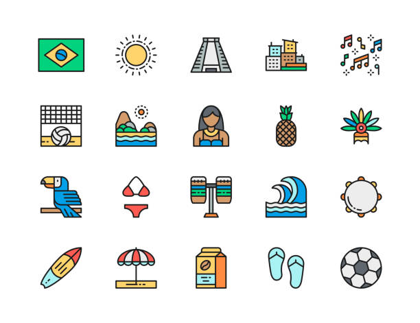 ilustrações, clipart, desenhos animados e ícones de conjunto de ícones da linha de cores planas da cultura brasileira. frutas tropicais, paisagem de praia, sol e muito mais. - brazilian people