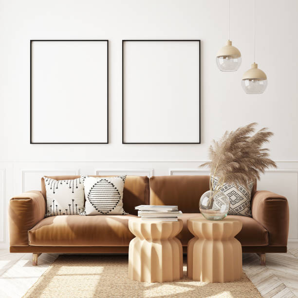 istock mock up poster frame in modern interior background, scandinavian style, 3D render 1215100033