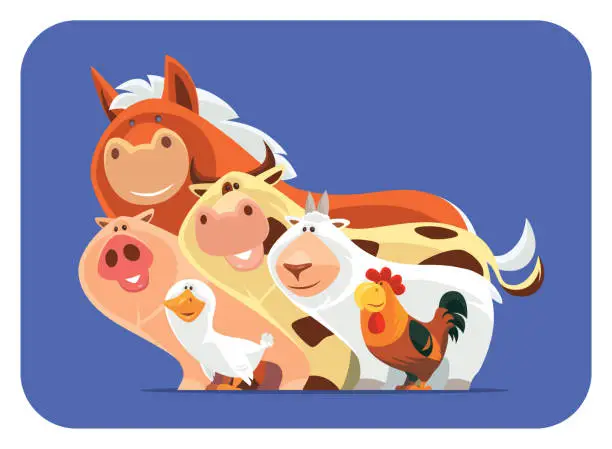 Vector illustration of group of cheerful farm animals