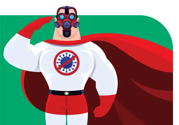 Vector illustration of superhero wearing gas mask and saluting