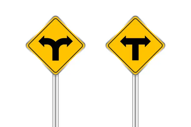 Vector illustration of road sign black arrow pointing left and right, traffic road sign yellow isolated on white, yellow traffic sign for left and right, warning caution sign and steel pole for direction signpost the way