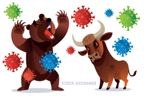 illustrazioni stock, clip art, cartoni animati e icone di tendenza di toro e orso, coronavirus - bull bear stock market new york stock exchange