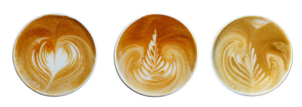 istock Set of top view cappuccino coffee isolated on white backgeound. 1215108953