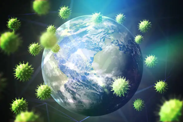 Photo of Coronavirus global pandemic concept. Many viruses causing COVID-19 disease flying around Earth.