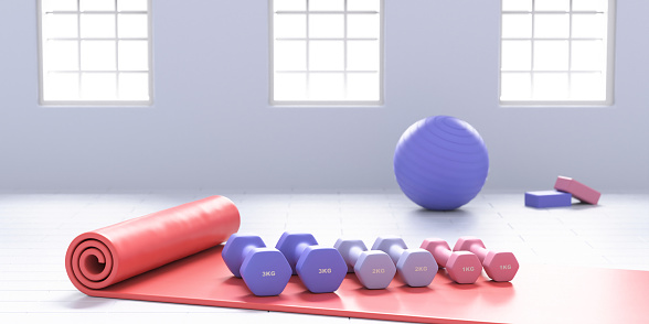 Pilates studio interior view. Yoga mat, exercise weight on floor, wall with windows background. Woman training workout concept, gym equipment. 3d illustration