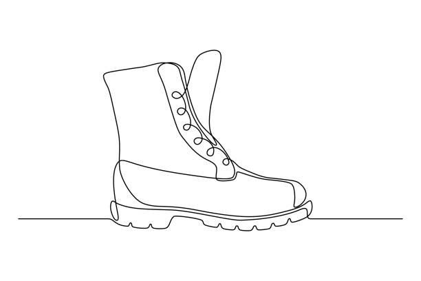 Boot with laces Boot in continuous line art drawing style. Weather resistant high shoes minimalist black linear sketch isolated on white background. Vector illustration hiking drawings stock illustrations