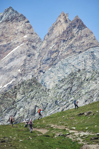 istock Group of travellers climbing grassy hill. 1215113161