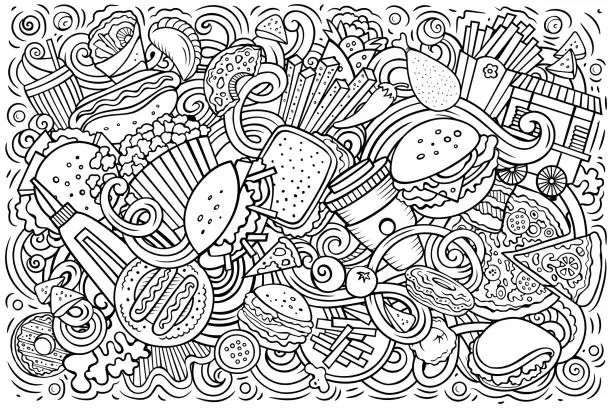 Vector illustration of Fastfood hand drawn cartoon doodles illustration. Colorful vector banner