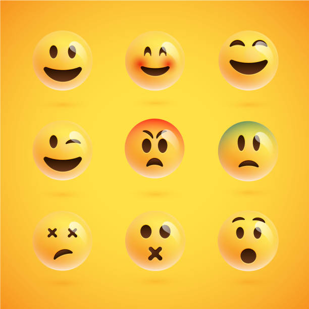 ilustraciones, imágenes clip art, dibujos animados e iconos de stock de conjunto realista amarillo de emoticonos, ilustración vectorial - behavior color image characters shiny