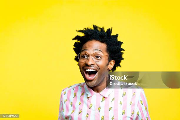 Excited Man Wearing Vintage Shirt Portrait On Yellow Background Stock Photo - Download Image Now