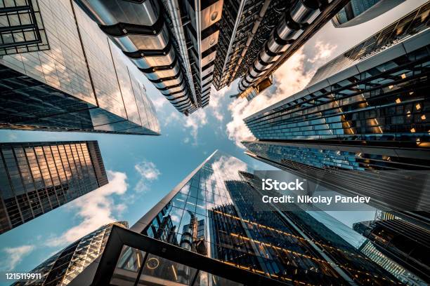 Looking Directly Up At The Skyline Of The Financial District In Central London Stock Image Stock Photo - Download Image Now
