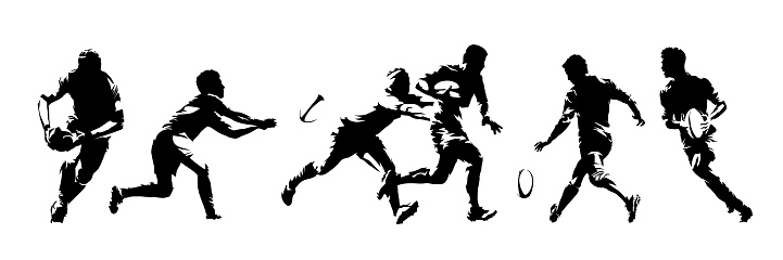 Rugby players, group of isolated vector silhouettes. Ink drawings. Team sport athletes