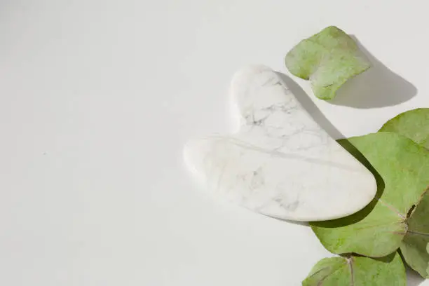 Photo of Jade face beauty roller gua Sha massage. Flat lay. Beauty blog advertising. Chinese Eastern medicine concept.