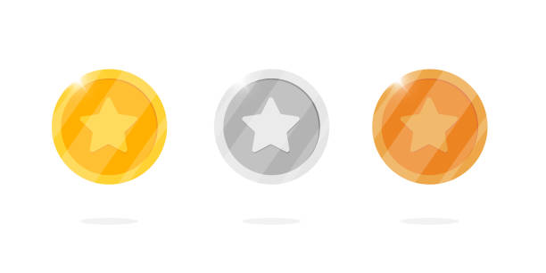 비디오 게임 또는 앱 애니메이션을위한 별이있는 골드 실버 브론즈 메달 동전 세트. 빙고 잭팟 카지노 포커 요소 승리. 현금 보물 개념 고립 된 평면 벡터 일러스트 - token stock illustrations