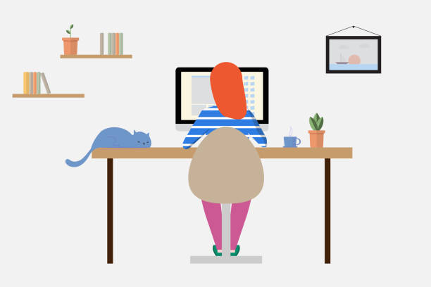 방에서 개인용 컴퓨터에서 집에서 일하는 여성 - working at home women house computer stock illustrations