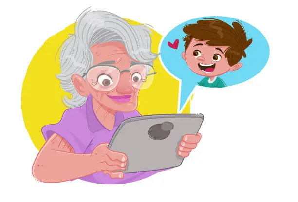 Vector illustration of The Grandmother on tablet (Stay at home)