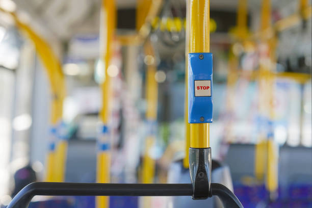istock Yellow stop button for bus. Public transport transfer. 1215131450