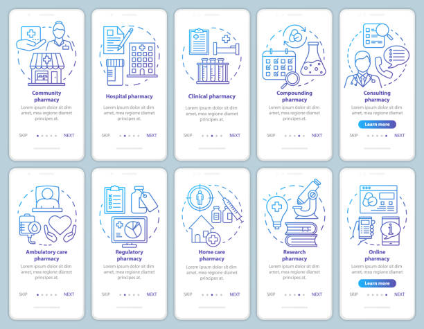 Pharmacy types and services onboarding mobile app page screen vector template. Hospital pharmacology. Walkthrough website with linear illustrations. UX, UI, GUI smartphone interface concept set Pharmacy types and services onboarding mobile app page screen vector template. Hospital pharmacology. Walkthrough website with linear illustrations. UX, UI, GUI smartphone interface concept set pharmaceutical compounding stock illustrations