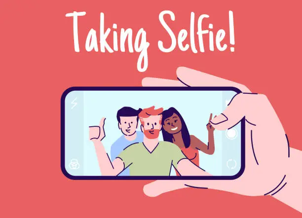 Vector illustration of Taking selfie flat vector illustration. Hand with smartphone making self photo. Friends meeting picture. Happy people portrait on phone cartoon character with outline elements on red background