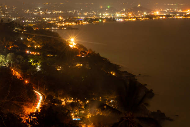 istock Night panorama in Ko Samui, colorful background of palms trees 1215135789