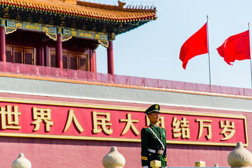 Tiananmen Gate of Heavenly Peace in Beijing with soldier in front