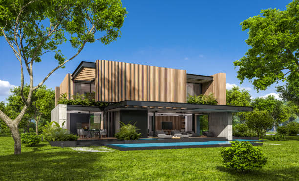 istock 3d rendering of modern house with wood plank facade 1215138313