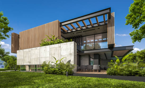 istock 3d rendering of modern house with wood plank facade 1215138359