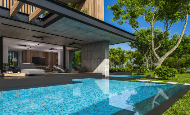 istock 3d rendering of modern house with wood plank facade 1215138417