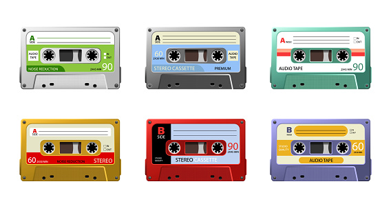 Set of retro audio cassettes, pop art style. Vintage tape cassette. Retro mixtape, 1980s pop songs tapes and stereo music cassettes. 90s hifi disco dance audiocassette