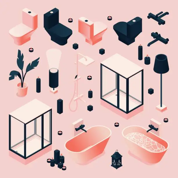 Vector illustration of Set drawn in pink and black for bathroom with furniture and sanitary, plumbing isometric in various foreshortening. Vector concept collection