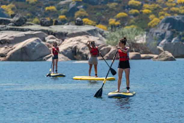 stand up paddle sur un lac - paddle surfing photos et images de collection