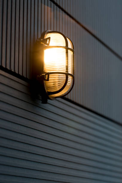 istock Close up of modern industrial outside light 1215141791