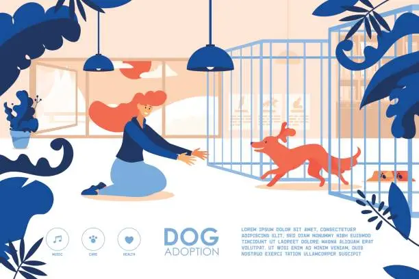 Vector illustration of Banner for the site with young girl adopting a dog at shelter. Good landing page for pets home.