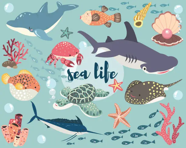Vector illustration of Sea Life Animal Collection Set