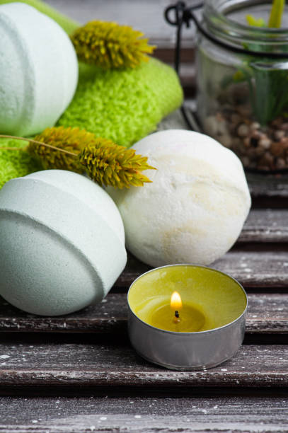 istock Aroma bath bombs, green towels 1215145194
