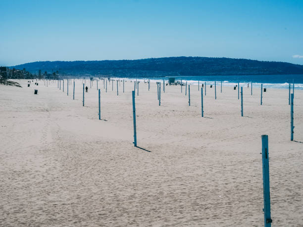Empty Manhattan beach, California during COVID-19 pandemic with volleyball nets removed  to avoid gathering of many people in one place