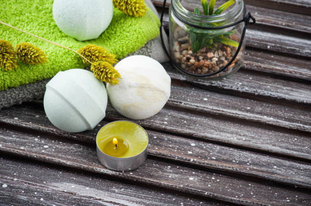 istock Aroma bath bombs, green towels 1215145538