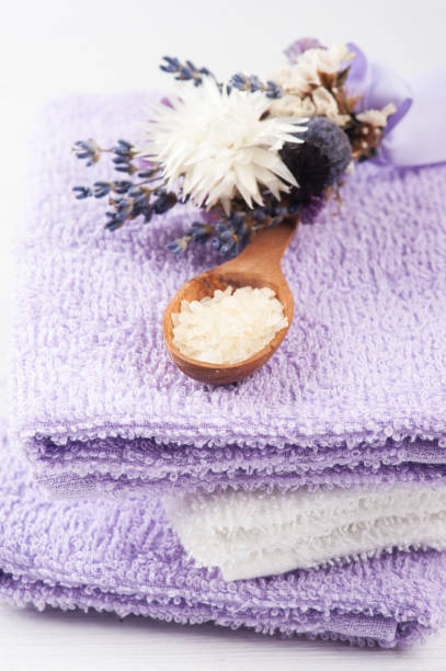 istock Bath salt, purple towels 1215146169