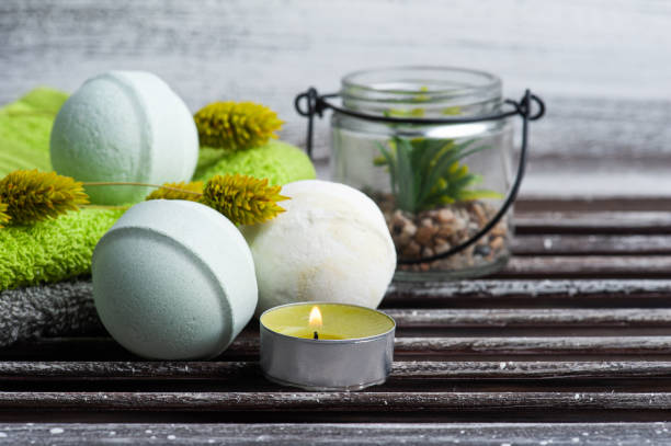 istock Aroma bath bombs, green towels 1215146957