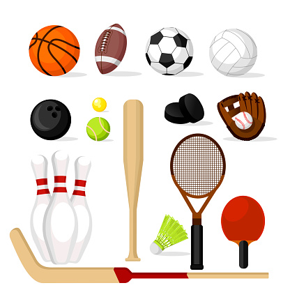 Cartoon Color Sport Equipment Icon Set Include of Skittle, Ball and Racket. Vector illustration of Icons