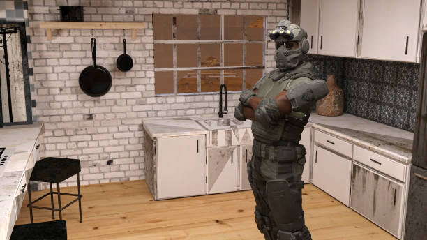 3d illustration of a soldier standing guard in an empty dirty kitchen.