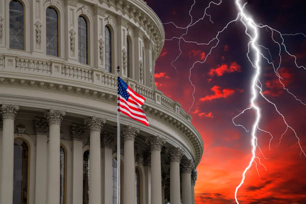istock lightning on Washington DC Capitol view on red sunset cloudy sky 1215154932