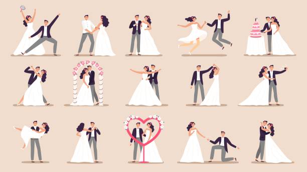 ilustrações de stock, clip art, desenhos animados e ícones de wedding couples. bride in wedding dress, just married couple and marriage ceremony cartoon vector illustration set - bride wedding fashion evening gown