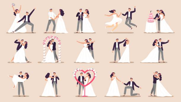 Wedding couples. Bride in wedding dress, just married couple and marriage ceremony cartoon vector illustration set Wedding couples. Bride in wedding dress, just married couple and marriage ceremony cartoon vector illustration set. Bride and groom, couple marriage ceremony bride illustrations stock illustrations