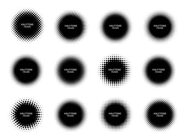 Round halftone shape frames. Black circles with dotted texture, dots gradient and circle shapes label frame vector set Round halftone shape frames. Black circles with dotted texture, dots gradient and circle shapes label frame vector set. Halftone label empty, spot gradient pattern round illustration round creative stock illustrations