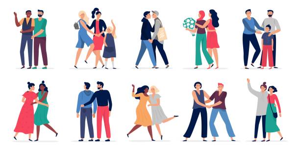 lgbt çiftler. romantik eşcinsel çift tarih, mutlu insanlar sarılma ve birlikte dans. çocuk vektör illüstrasyon seti ile gayler ve lezbiyen çiftler - couple stock illustrations